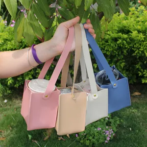 Leather cup sleeve square water bottle holder portable beverage bag with handle set of four colors