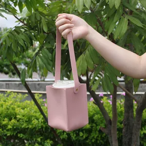 Pink leather milk tea cup sleeve with square water bottle tote reusable beverage bag