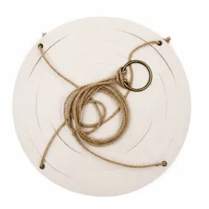Minimalist leather plant hanger tray detail shot, outdoor hanging green plant pot holder and hemp rope.