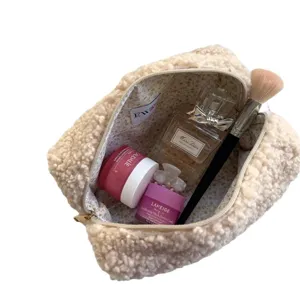 Beige teddy fleece cosmetic bag plush portable toiletry pouch large capacity makeup storage