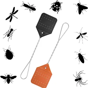Leather fly swatter with long wire handle manual mosquito killer tool set for home outdoor.