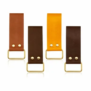 Leather tape measure tool hanging buckle belt hook with metal D-ring size display chart.
