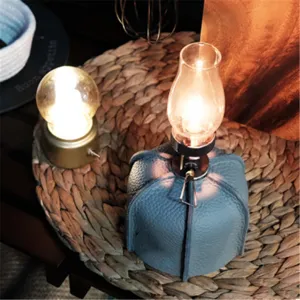 Outdoor flat gas canister leather cover camping protective sleeve with mini retro lamp decor