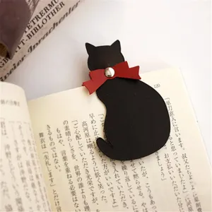 Cute black cat leather bookmark with red bow stationery student reading book clip marker