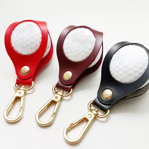 Golf ball leather holder with metal hook key chain portable single ball storage bag detail view