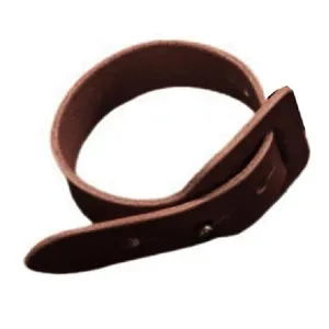 Brown PU leather curtain tieback detail close up, minimalist strap buckle design home decor.