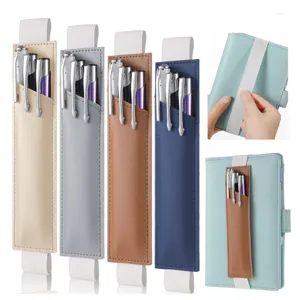 Leather elastic band pen holder pouch for notebook, journal, iPad, portable multi-pen storage.