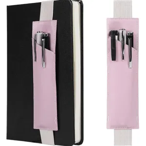 Detailed view of pink leather elastic band pen holder attached to notebook and solo close-up.