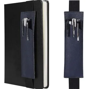 Leather elastic pen holder for notebook, portable pouch for planner, journal, and iPad.