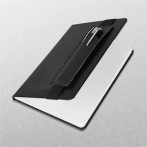 Detailed view of black leather elastic band pen holder and notebook pouch, practical stationery.