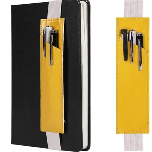 Leather elastic band pen holder for notebook and iPad stylus. Portable stationery storage bag.