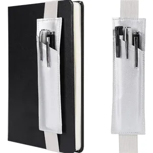 Leather elastic band pen holder for notebook, portable pencil pouch organizer, silver style.
