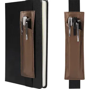 Leather elastic band pen pouch for notebook diary planner, portable multi-pen holder case.
