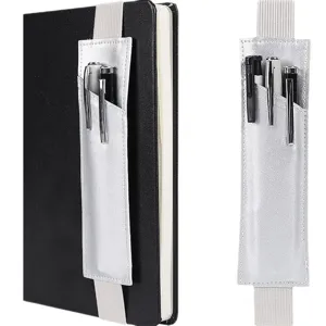 Portable leather elastic pen holder pouch for notebook and tablet stylus, silver finish.