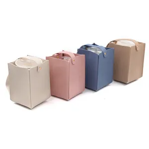 Leather bubble tea cup sleeve square drink carrier with handle and metal snap buttons portable bag