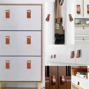 Leather cabinet pulls drawer knobs with gold screws vintage furniture hardware for doors.