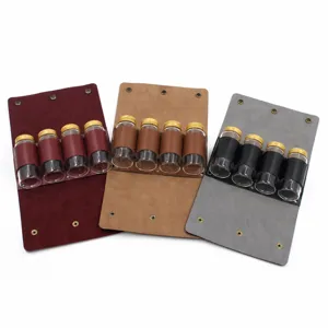 Leather spice bottle storage bag set for outdoor camping, portable glass jars with leather case.