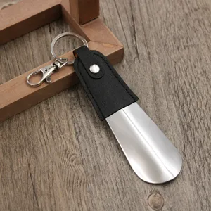 Portable leather wrapped metal shoehorn keychain short shoe helper for travel daily use