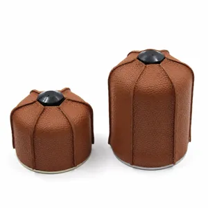 Funda protectora de cuero marrón para bombona de gas de camping y almacenamiento.