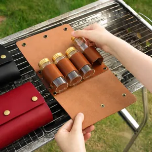 Outdoor Camping Leather Seasoning Bottle Storage Bag Set Portable Spice Organizer Kitchen Travel Tool Bag