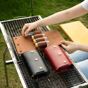Outdoor camping leather spice jar storage bag set with 4 glass bottles for BBQ.