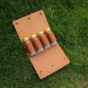 Leather spice jar set with storage bag, 4 glass bottles for outdoor camping and kitchen use.