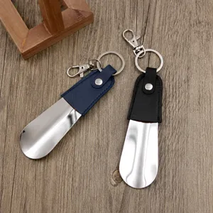 Portable metal shoe horn keychain with leather wrap, short travel shoe helper for men and women