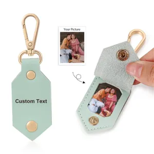 Custom photo leather keychain PU leather snap button couple gift photo holder key ring