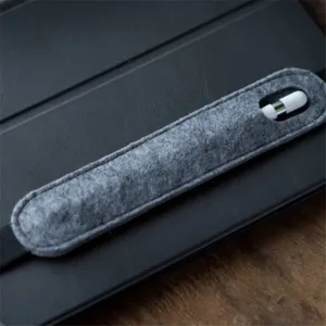 Close up view of gray felt stylus pen pouch holder with elastic band for tablet
