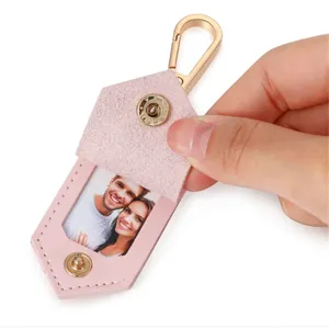 Custom pink leather photo keychain couple picture holder with secure metal snap hook
