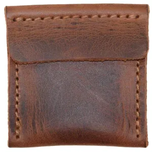 Detailed close-up of retro brown leather ring pouch, vintage square jewelry storage bag.
