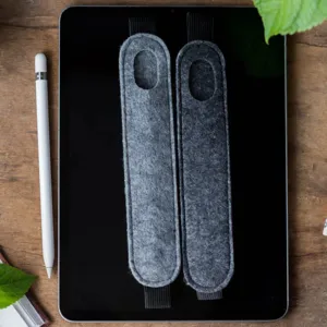 Grey felt tablet pen holder with elastic band, durable stylus sleeve for iPad accessories.