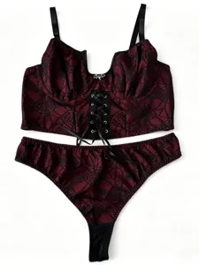 Gotisches Spinnennetz-Spitzenkorsett-Lingerie-Set, dunkelrot-schwarze sexy Unterwäsche.