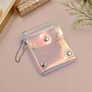 Holographic PVC mini lipstick pouch, transparent jelly makeup bag with metal chain.