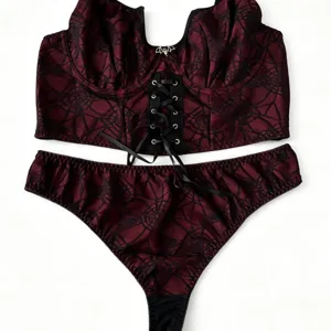 Grosse Groessen Goth Spinnennetz Spitze Korsett Lingerie Set Zweiteilige Rote Unterwaesche