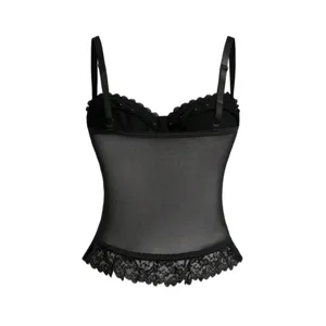Corsetto in pizzo nero trasparente da donna, bustier sexy con spalline regolabili.