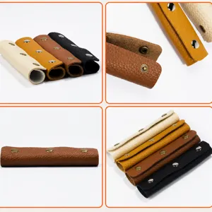 PU leather luggage handle wrap detail, snap button closure, multi-color options available.
