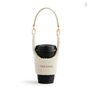 Cozy teddy fleece portable coffee cup sleeve with leather handle winter thermal insulated cup cover
