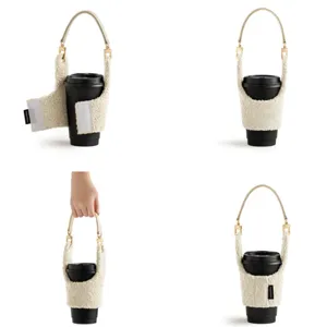 Winter warm teddy fleece portable coffee cup sleeve cute plush insulated anti-scald holder