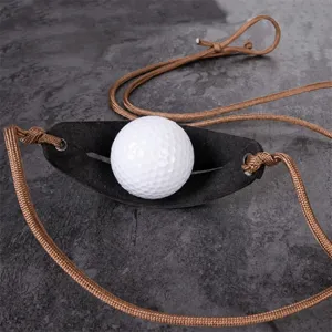 Tasca per fionda tattica in pelle da esterno con corda marrone per caccia e sport all'aperto.