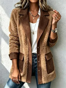 Herfst winter dames stijlvolle revers sherpa fleece patchwork cardigan jas detail weergave.