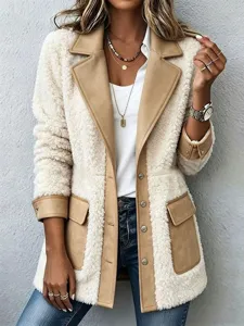 Dames contrast fleece revers cardigan jas winter warme bovenkleding stijlvolle mantel