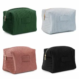 Velvet cosmetic bag portable toiletry pouch ribbed makeup bag solid color storage organizer