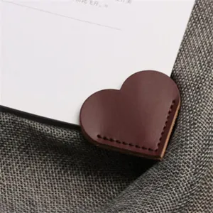 Vintage PU leather heart-shaped bookmark, cute page clip for reading, office and school stationery.