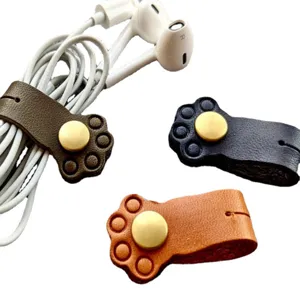 Cute cat paw leather cord winder for earphones, cable organizer snap button organizer