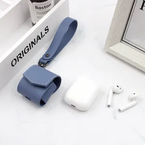 PU leather wireless headphone protective case with hand strap for AirPods detailed display.