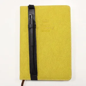 Yellow PU leather notebook with black elastic pen holder strap and ribbon bookmark for office.
