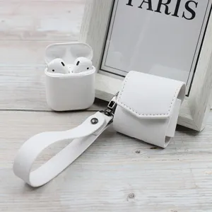 White PU leather wireless earphone protective case with wrist strap for charging box