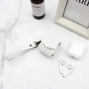White PU leather wireless earphone case with hand strap for AirPods detail presentation.