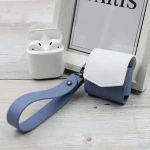 Blue white PU leather wireless earphone protective case with portable hand strap detail view